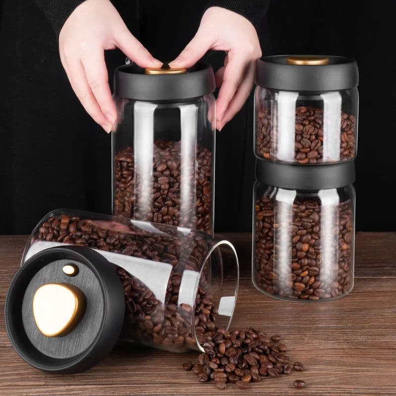 image-Vacuum Sealed Jug Set Black Coffee Beans Glass Airtight Canister Kitchen Food Grains Candy Keep Good Storage Jar Set Kitchen Gadgets