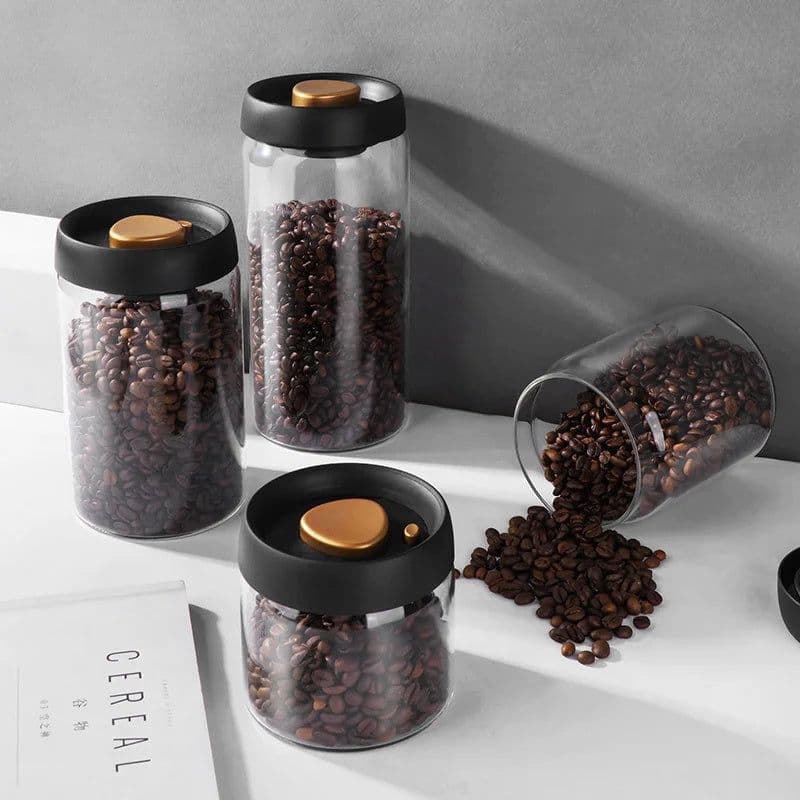 image-Vacuum Sealed Jug Set Black Coffee Beans Glass Airtight Canister Kitchen Food Grains Candy Keep Good Storage Jar Set Kitchen Gadgets