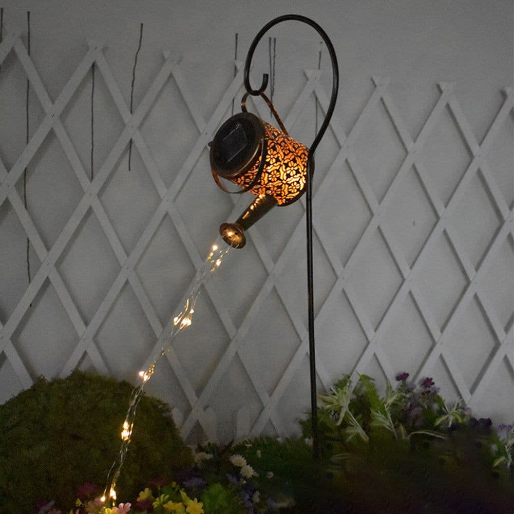 image-Enchanted Watering Can Outdoor Solar Ornament Lamp Garden Art Decoration Hollow-out Iron Shower LED Lights