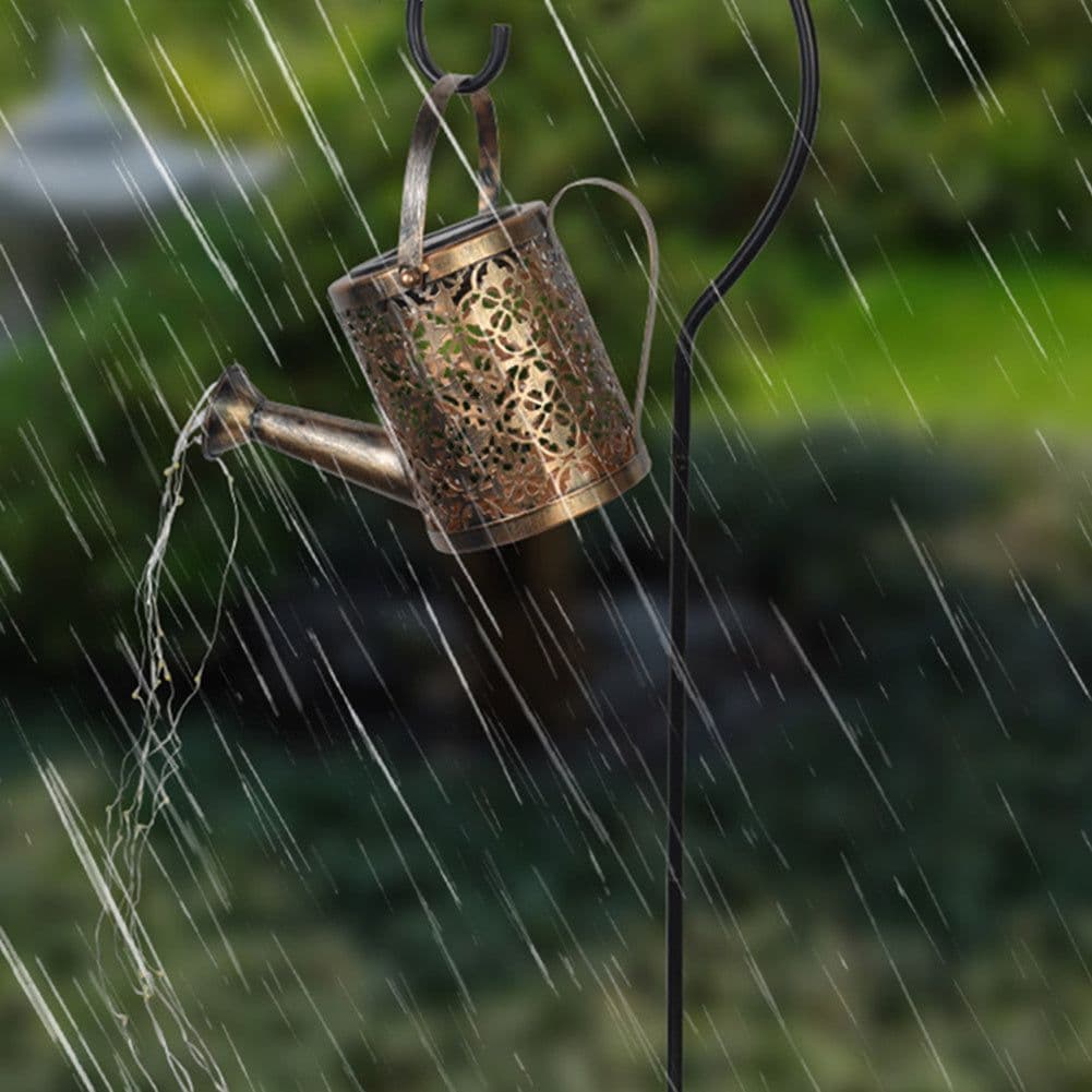 image-Enchanted Watering Can Outdoor Solar Ornament Lamp Garden Art Decoration Hollow-out Iron Shower LED Lights