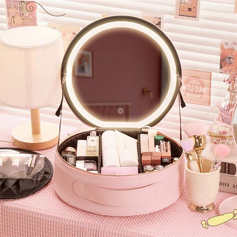 image-Round Smart LED Makeup Bag With Mirror Lights Women Beauty Bag Large Capacity PU Leather Travel Organizers Cosmetic Case