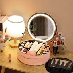 image-Round Smart LED Makeup Bag With Mirror Lights Women Beauty Bag Large Capacity PU Leather Travel Organizers Cosmetic Case