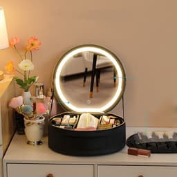 image-Round Smart LED Makeup Bag With Mirror Lights Women Beauty Bag Large Capacity PU Leather Travel Organizers Cosmetic Case