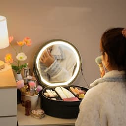 image-Round Smart LED Makeup Bag With Mirror Lights Women Beauty Bag Large Capacity PU Leather Travel Organizers Cosmetic Case