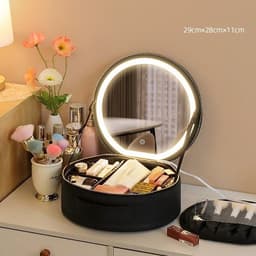 image-Round Smart LED Makeup Bag With Mirror Lights Women Beauty Bag Large Capacity PU Leather Travel Organizers Cosmetic Case