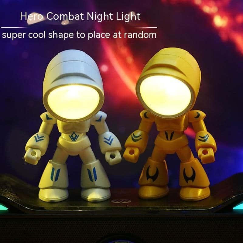 image-Cute LED Hero Table Lamp Mini Portable Cool Mecha Cute Robot Night Light Bedroom Home Decoration Kids Boys Gifts