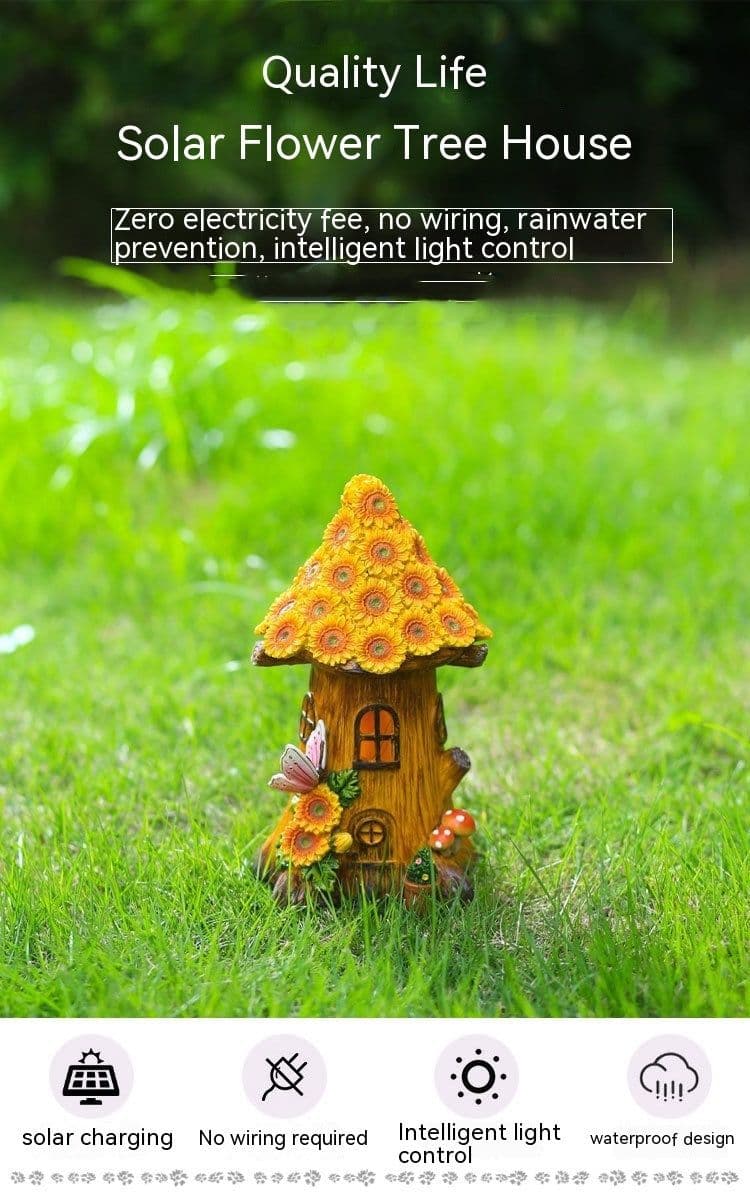 image-Resin Solar Lamp Decoration Tree House Lamp Outdoor Garden Lawn