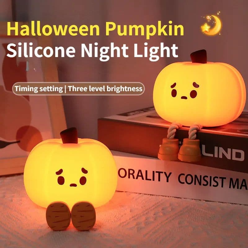 image-Home Decor Halloween Pumpkin Night Light Cute Soft Silicone Lamp Touch Dimmable Rechargeable Bedside Decor Light Kids Gifts Halloween Decorations