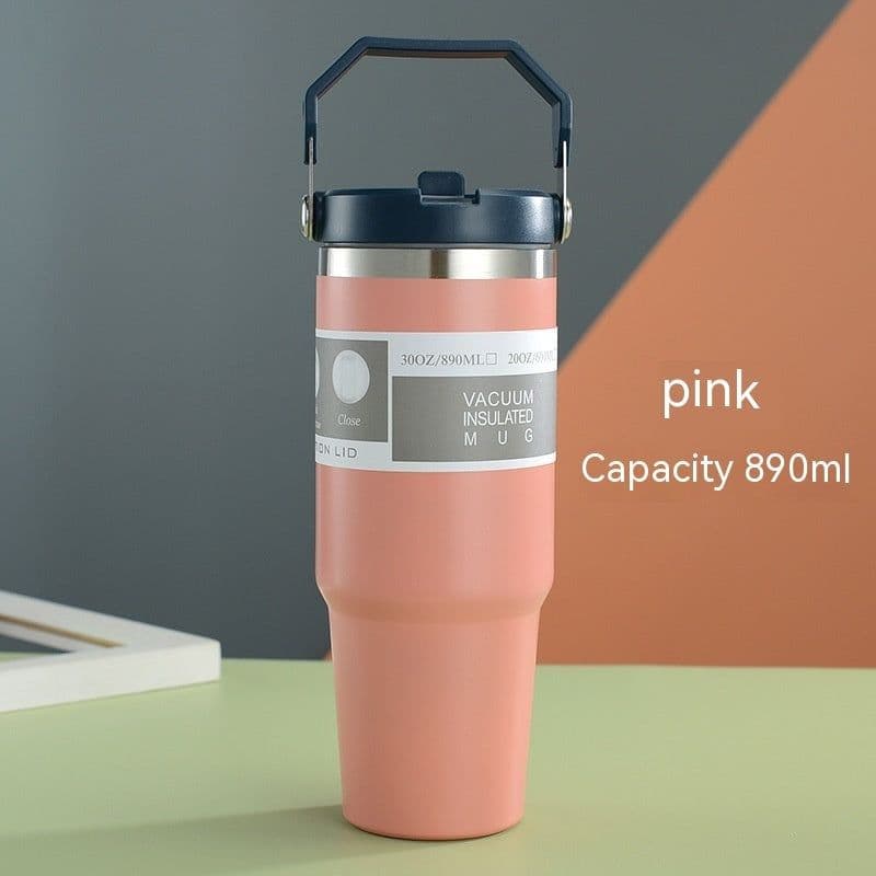 image-Portable Car Cup Stainless Steel Cup Travel Sports Water Bottle With Handle Cover Coffee Tumbler Cup