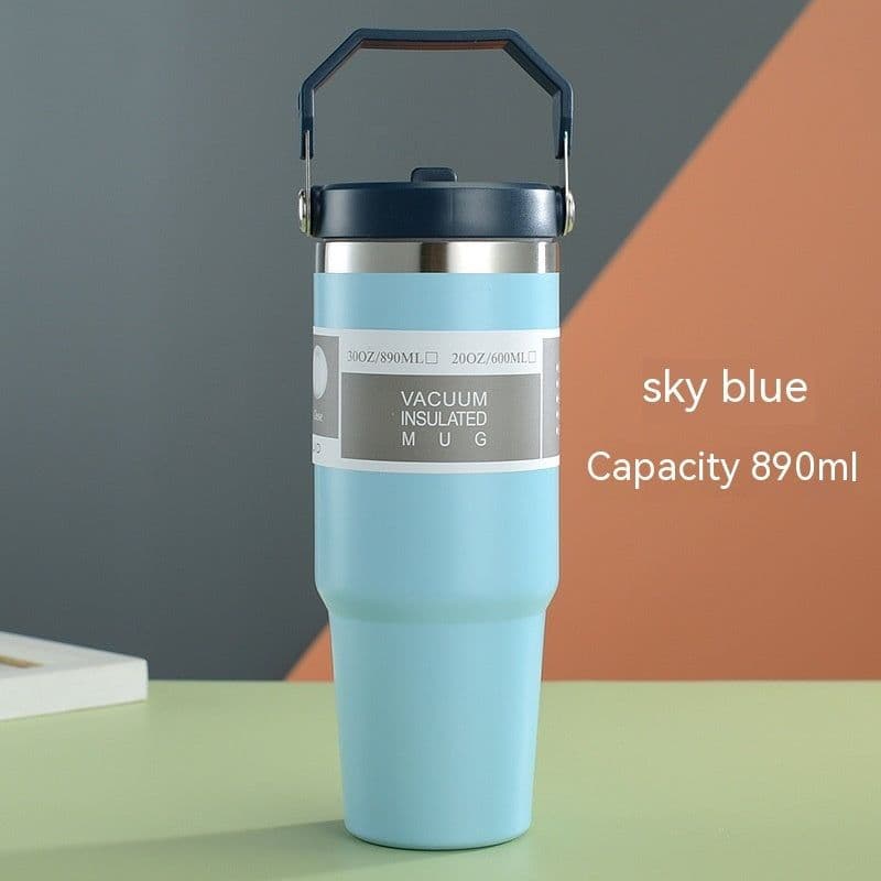 image-Portable Car Cup Stainless Steel Cup Travel Sports Water Bottle With Handle Cover Coffee Tumbler Cup