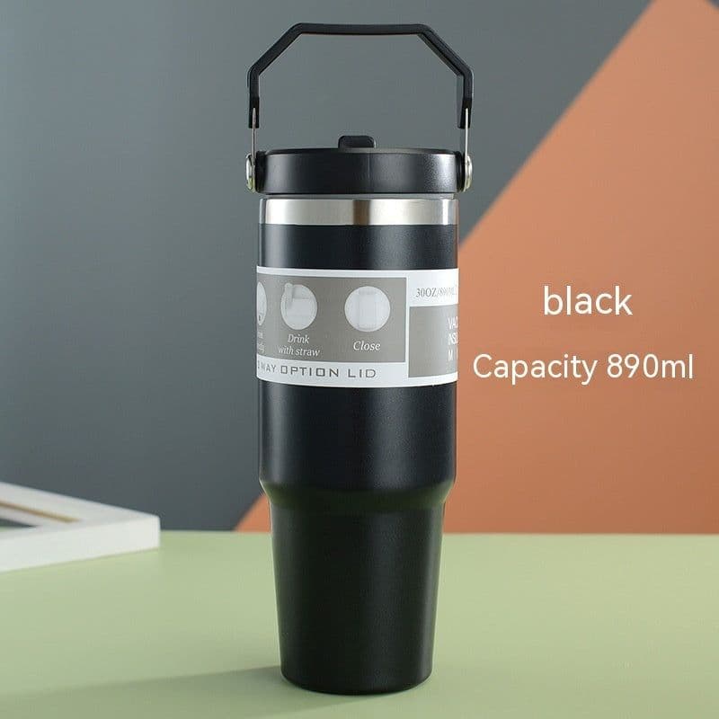 image-Portable Car Cup Stainless Steel Cup Travel Sports Water Bottle With Handle Cover Coffee Tumbler Cup