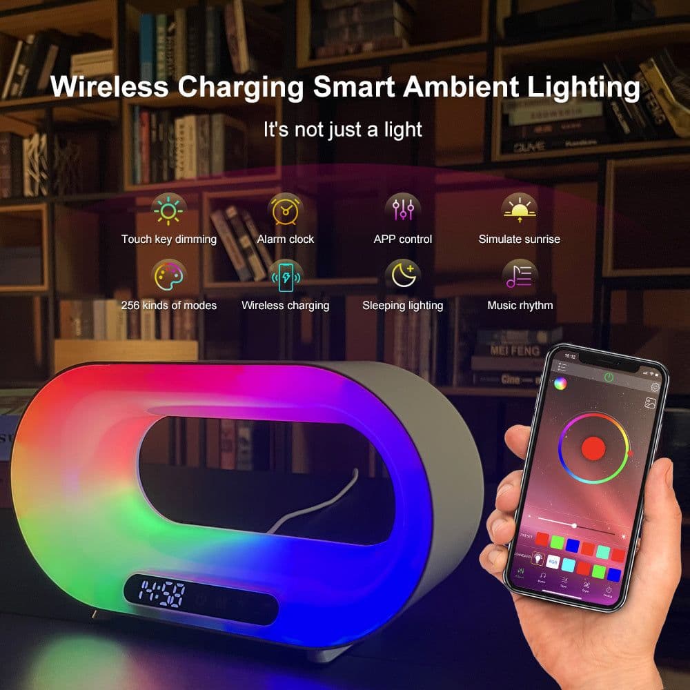 image-Multi-function 3 In 1 LED Night Light APP Control RGB Atmosphere Desk Lamp Smart Multifunctional Wireless Charger Alarm Clock