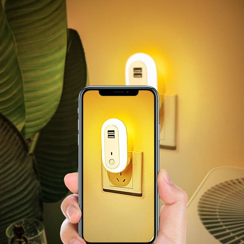 image-Oval Small Night Lamp With Dual USB Charging Port Remote Control Timing Plug-in Wall