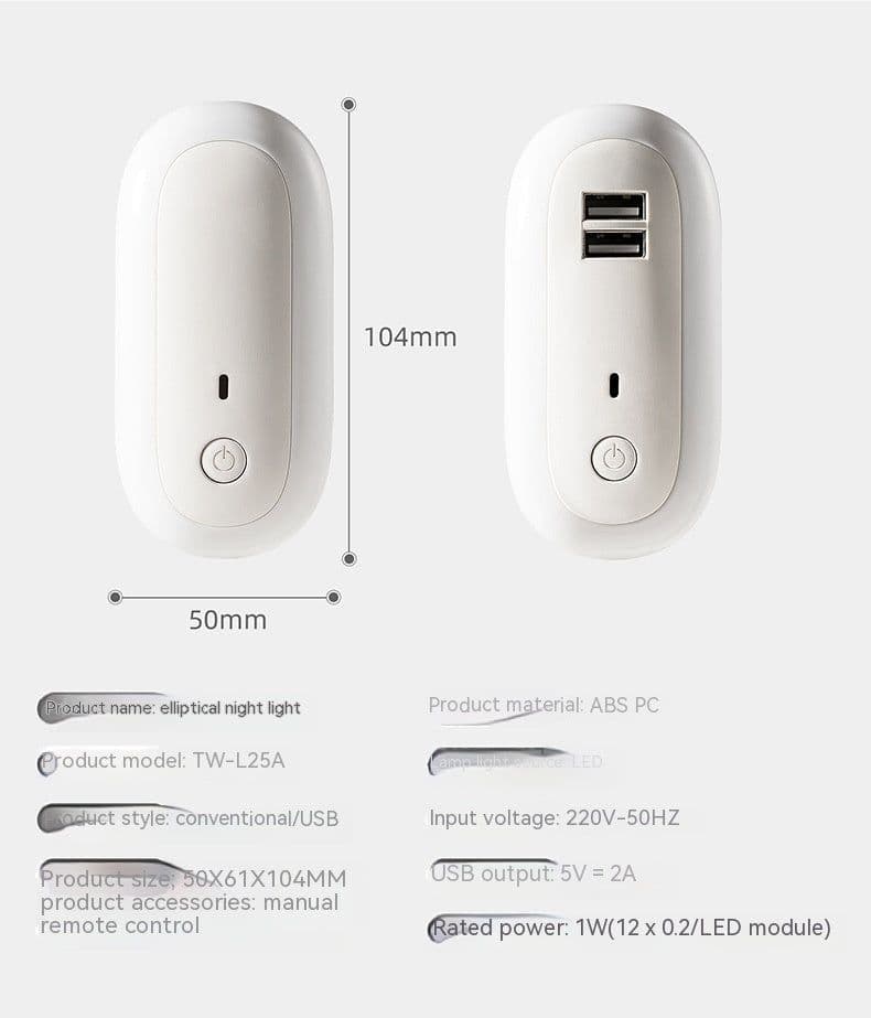 image-Oval Small Night Lamp With Dual USB Charging Port Remote Control Timing Plug-in Wall