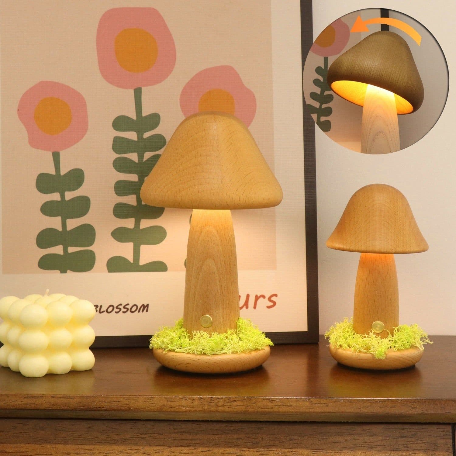 image-Twisted Mushroom Night Warm Light Touch Bedroom Bedhead Night Light Beech Wood LED USB Decorative Atmosphere Lamps Home Decor