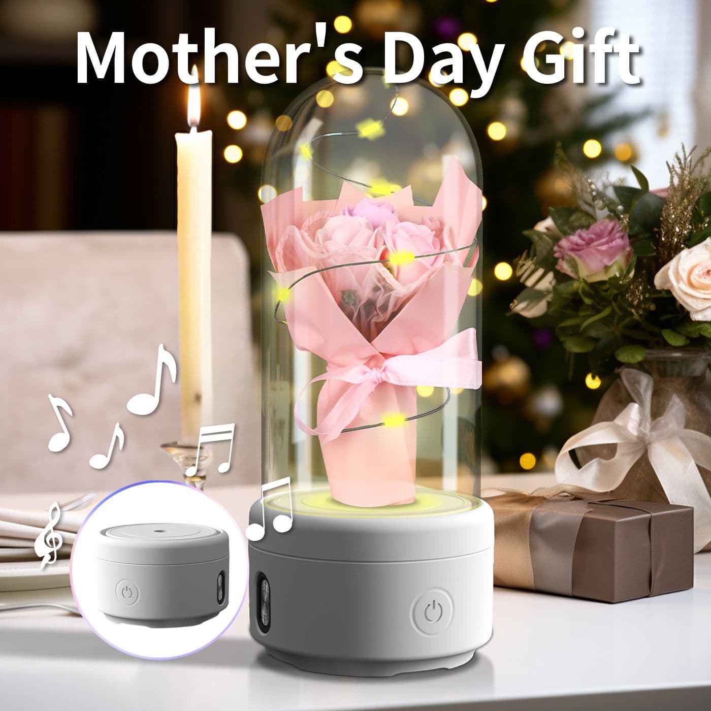 image-Creative 2 In 1 Bouquet LED Light And Bluetooth Speaker Mother's Day Gift Rose Luminous Night Light Ornament In Glass Cover
