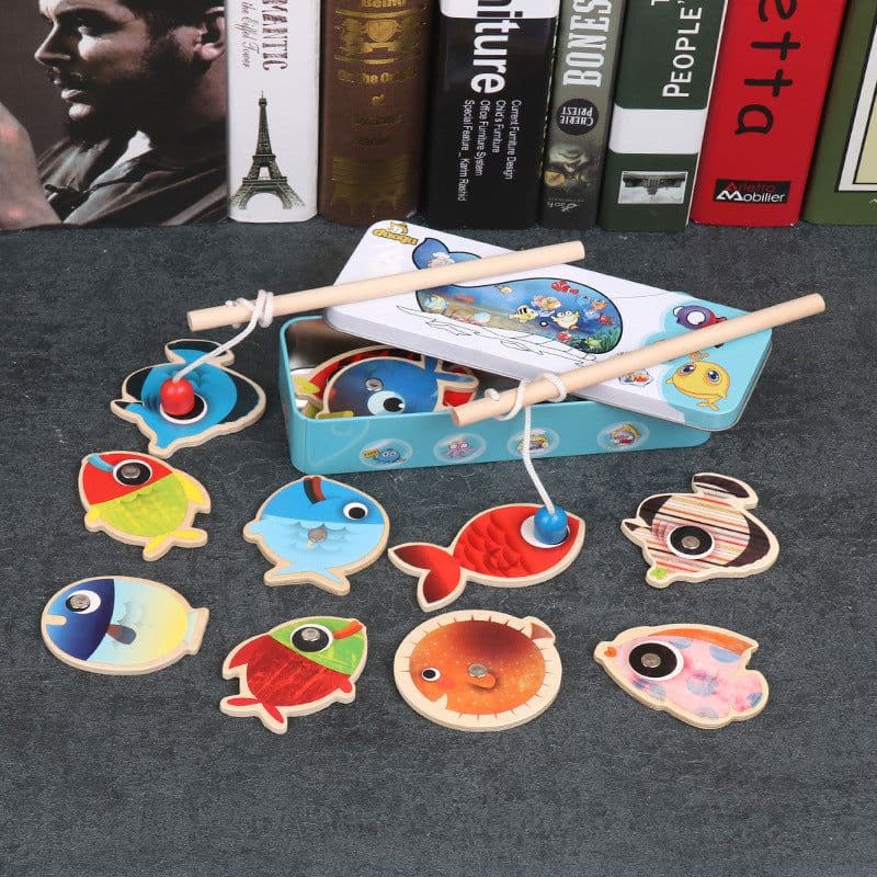 image-Iron Box Magnetic Fishing Wooden Building Blocks Toy