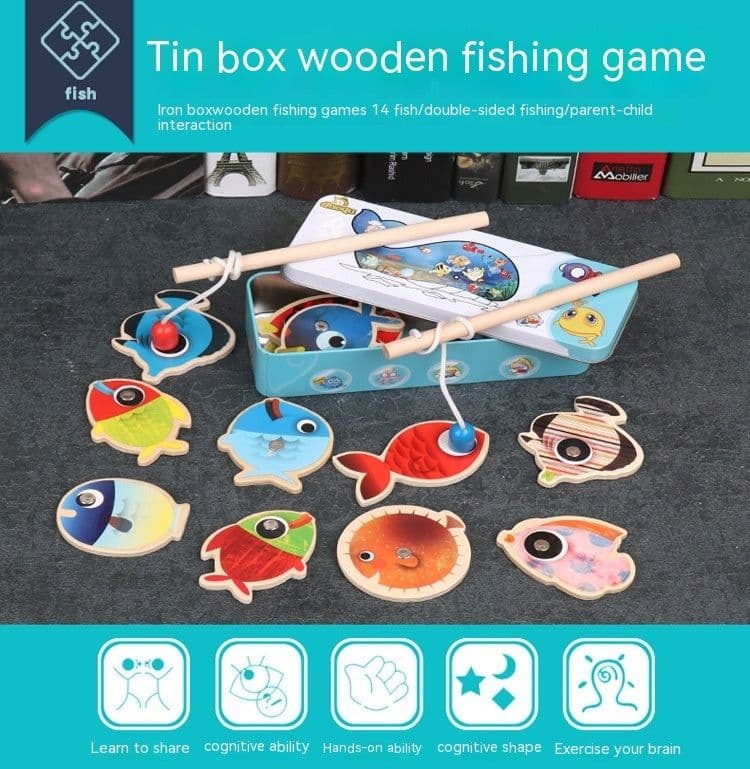 image-Iron Box Magnetic Fishing Wooden Building Blocks Toy
