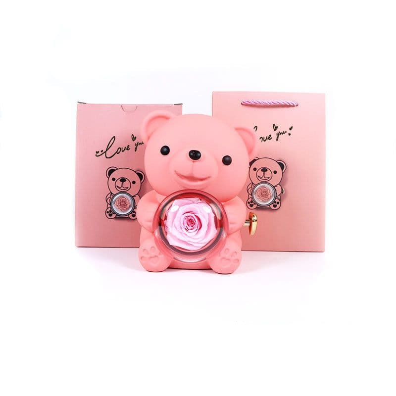 image-Eternal Rose Teddy Bear Gifts Box With Necklace Rotate Rose Jewelry Box Valentine Wedding Storage Gift Case For Women Girlfriend