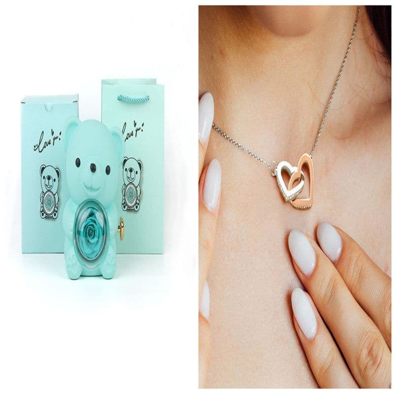 image-Eternal Rose Teddy Bear Gifts Box With Necklace Rotate Rose Jewelry Box Valentine Wedding Storage Gift Case For Women Girlfriend