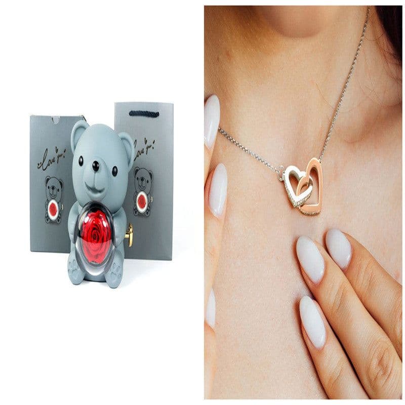 image-Eternal Rose Teddy Bear Gifts Box With Necklace Rotate Rose Jewelry Box Valentine Wedding Storage Gift Case For Women Girlfriend