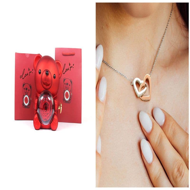 image-Eternal Rose Teddy Bear Gifts Box With Necklace Rotate Rose Jewelry Box Valentine Wedding Storage Gift Case For Women Girlfriend