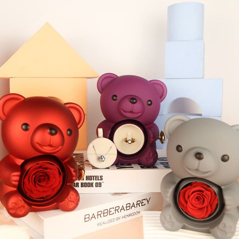 image-Eternal Rose Teddy Bear Gifts Box With Necklace Rotate Rose Jewelry Box Valentine Wedding Storage Gift Case For Women Girlfriend