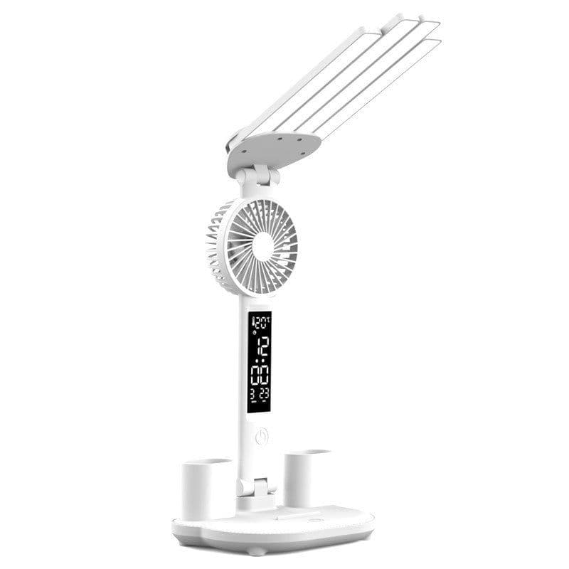 image-3in1 Multifunction Table Lamp LED Four-headed Folding With Fan Calendar Clock USB Rechargeable Desk Light 3 Color Reading Lamp