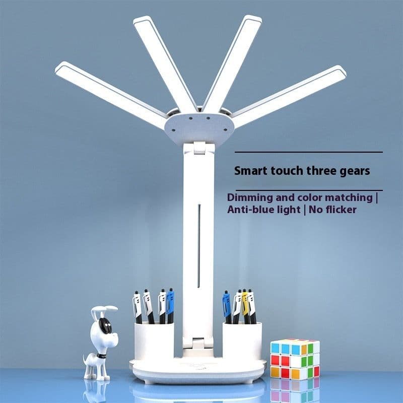image-3in1 Multifunction Table Lamp LED Four-headed Folding With Fan Calendar Clock USB Rechargeable Desk Light 3 Color Reading Lamp