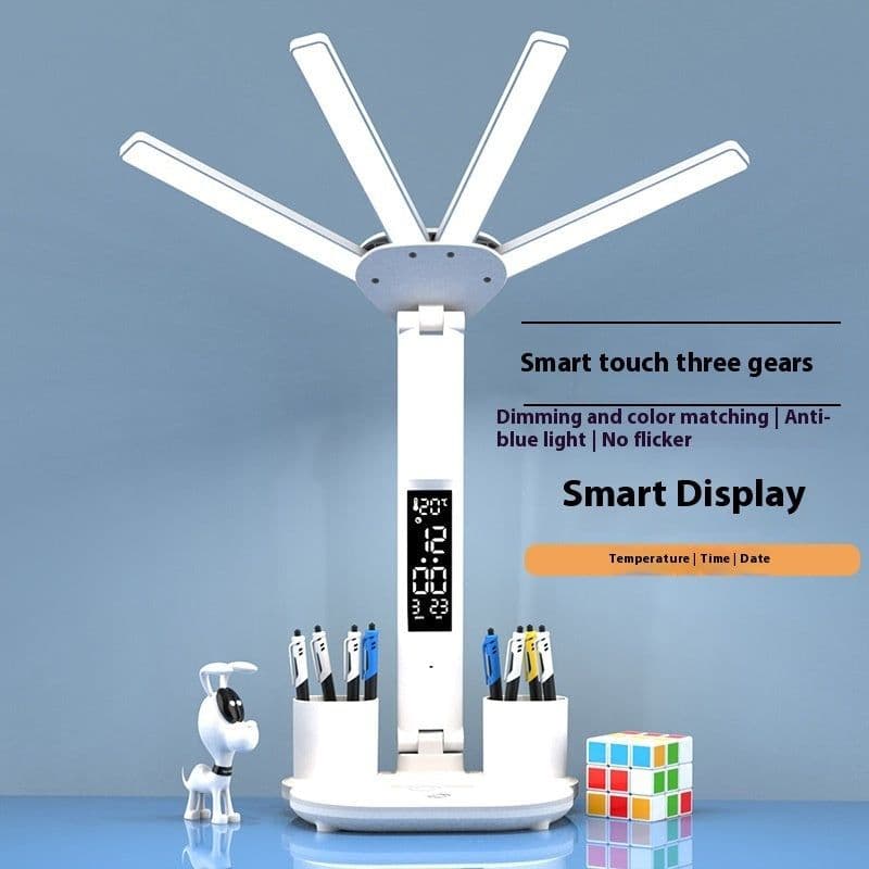 image-3in1 Multifunction Table Lamp LED Four-headed Folding With Fan Calendar Clock USB Rechargeable Desk Light 3 Color Reading Lamp
