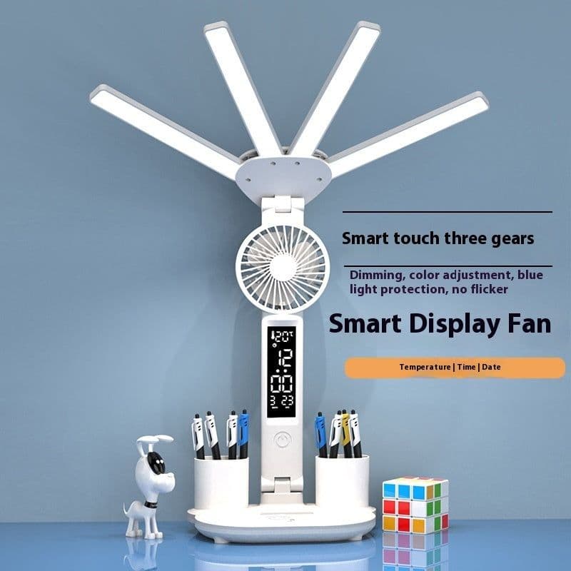 image-3in1 Multifunction Table Lamp LED Four-headed Folding With Fan Calendar Clock USB Rechargeable Desk Light 3 Color Reading Lamp