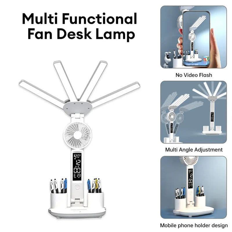 image-3in1 Multifunction Table Lamp LED Four-headed Folding With Fan Calendar Clock USB Rechargeable Desk Light 3 Color Reading Lamp