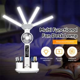 image-3in1 Multifunction Table Lamp LED Four-headed Folding With Fan Calendar Clock USB Rechargeable Desk Light 3 Color Reading Lamp