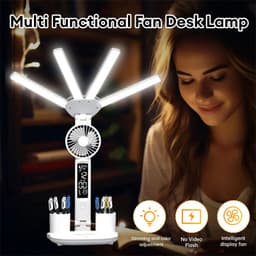 image-3in1 Multifunction Table Lamp LED Four-headed Folding With Fan Calendar Clock USB Rechargeable Desk Light 3 Color Reading Lamp