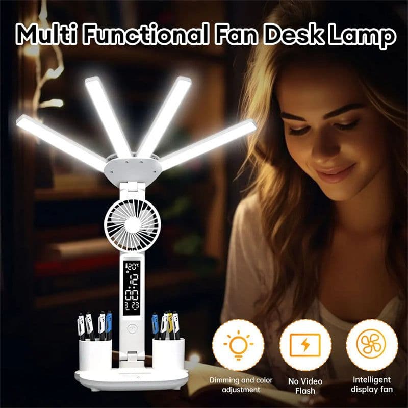 image-3in1 Multifunction Table Lamp LED Four-headed Folding With Fan Calendar Clock USB Rechargeable Desk Light 3 Color Reading Lamp