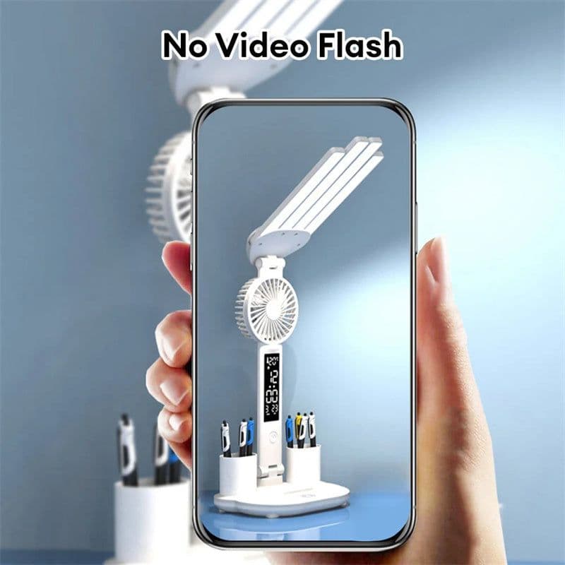 image-3in1 Multifunction Table Lamp LED Four-headed Folding With Fan Calendar Clock USB Rechargeable Desk Light 3 Color Reading Lamp