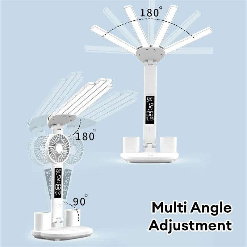 image-3in1 Multifunction Table Lamp LED Four-headed Folding With Fan Calendar Clock USB Rechargeable Desk Light 3 Color Reading Lamp