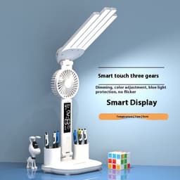 image-3in1 Multifunction Table Lamp LED Four-headed Folding With Fan Calendar Clock USB Rechargeable Desk Light 3 Color Reading Lamp