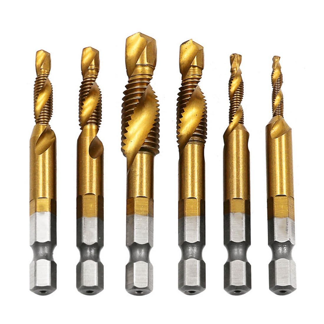 image-6pcs/set 1/4'' Hex HSS High Speed Steel Thread Spiral Screw M3 M4 M5 M6 M8 M10 Metric Composite Tap Drill Bit Tap