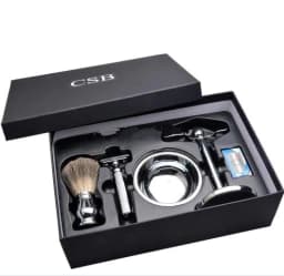 image-CSB Shaving Set Double Edge Safety Shaving Razor Men Badger Hair Brush Chrome Stand Mug Bowl Soap Kit 10 Free Blades