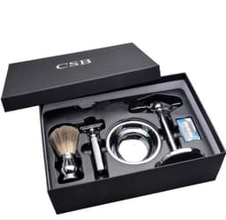 image-CSB Shaving Set Double Edge Safety Shaving Razor Men Badger Hair Brush Chrome Stand Mug Bowl Soap Kit 10 Free Blades