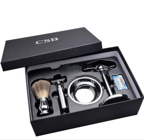 image-CSB Shaving Set Double Edge Safety Shaving Razor Men Badger Hair Brush Chrome Stand Mug Bowl Soap Kit 10 Free Blades