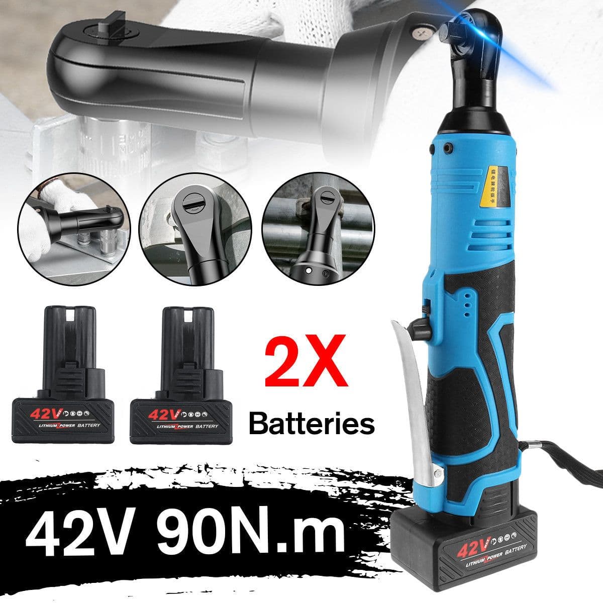 image-Electric Wrench Cordless Ratchet Rechargeable Scaffolding 90N.m Right Angle Wrench Tool With