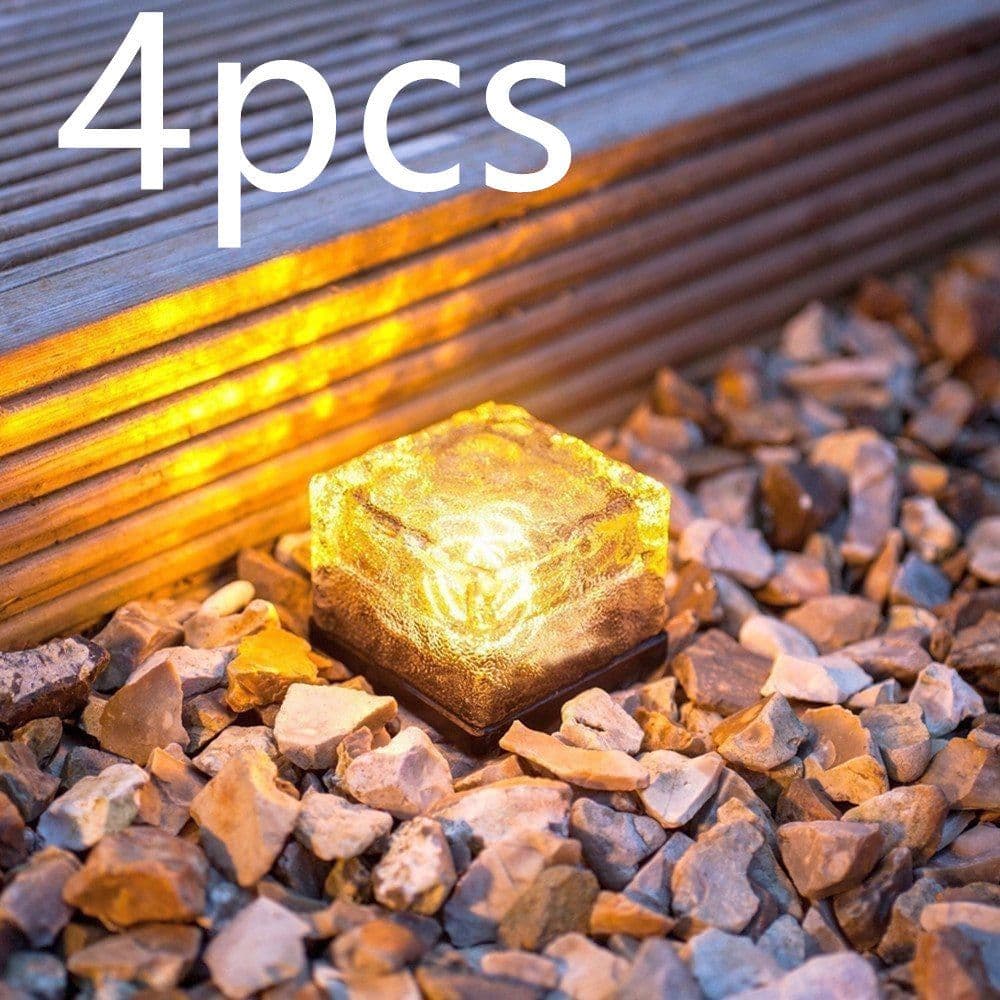 image-Waterproof Solar Power LED Ground Crystal Glass Ice Brick Shape Outdoor Yard Garden Deck Road Lamp Light