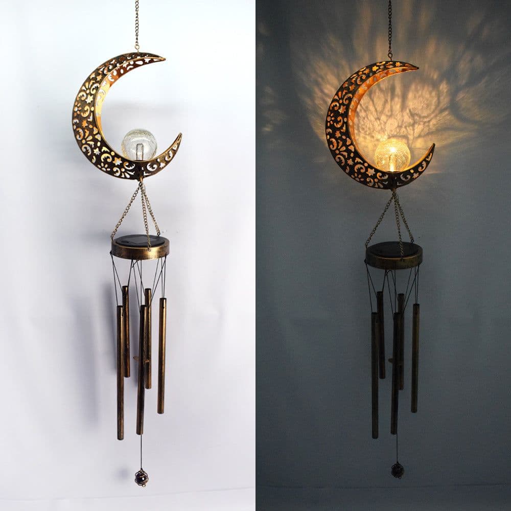 image-Wrought iron hollow sun moon wind chime pendant LED outdoor garden landscape decoration