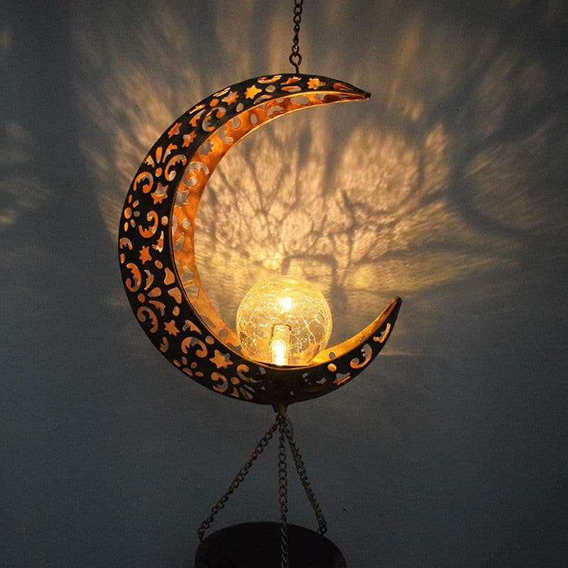 image-Wrought iron hollow sun moon wind chime pendant LED outdoor garden landscape decoration