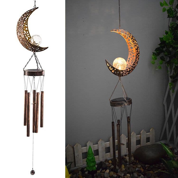 image-Wrought iron hollow sun moon wind chime pendant LED outdoor garden landscape decoration