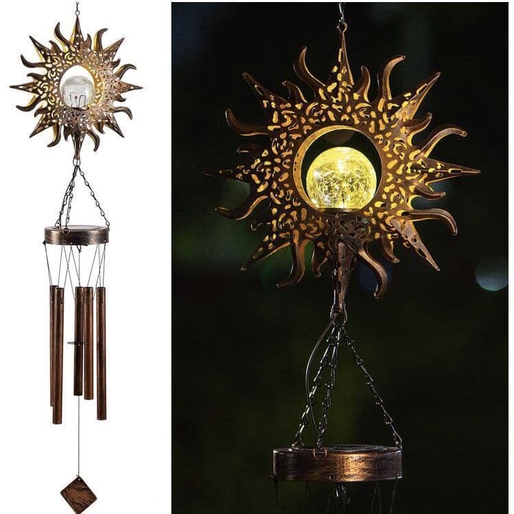 image-Wrought iron hollow sun moon wind chime pendant LED outdoor garden landscape decoration