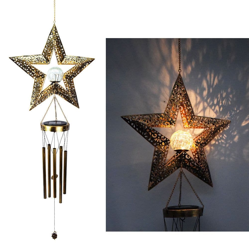 image-Wrought iron hollow sun moon wind chime pendant LED outdoor garden landscape decoration