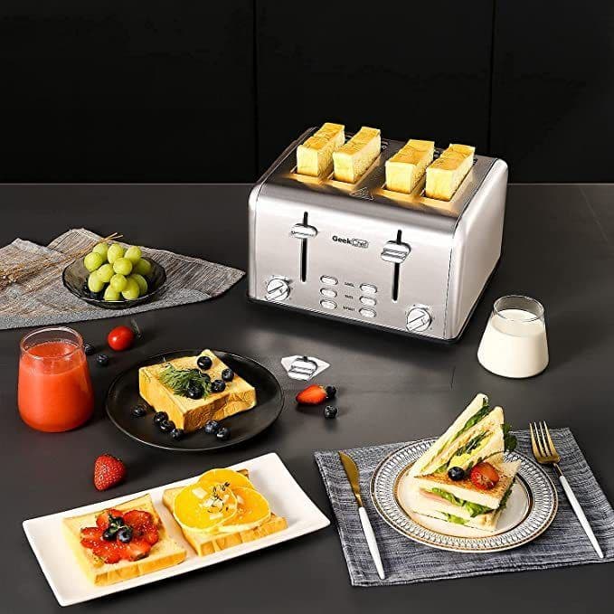 image-Prohibit Shelves In The Amazon. Toaster 4 Slice, Geek Chef Stainless Steel Extra-Wide Slot Toaster With Dual Control Panels Of Bagel,Defrost,Cancel Function,Ban Amazon